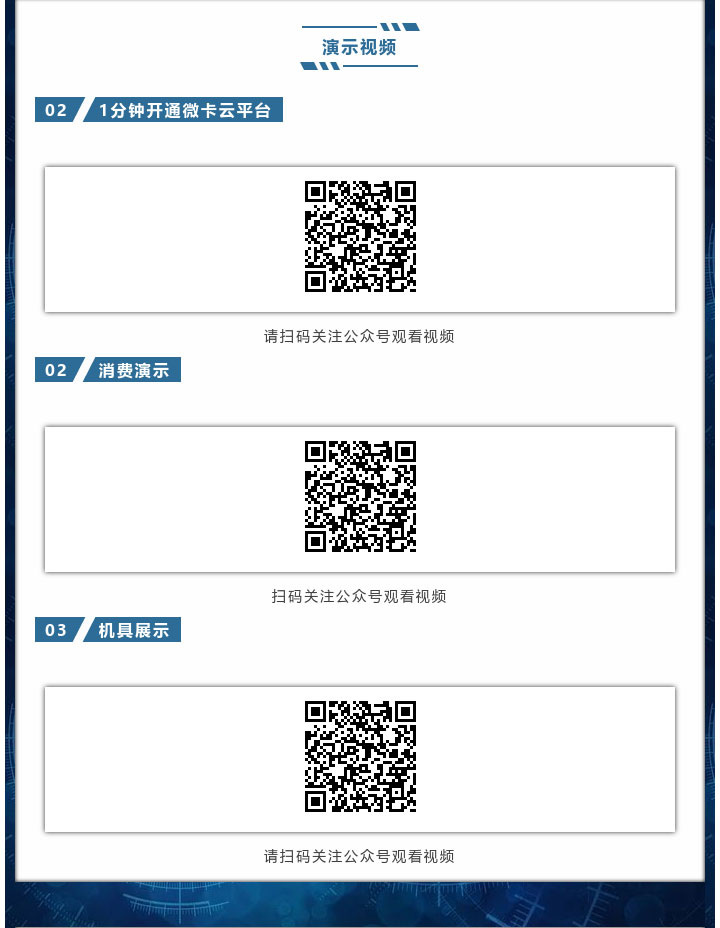 演示視頻，1分鐘開通微卡云平臺、消費演示、機具展示